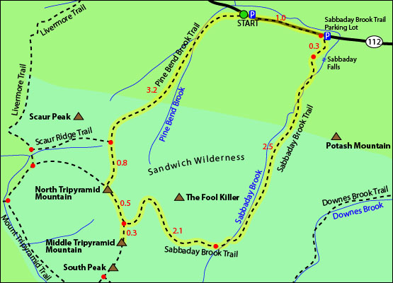 North Tripyramid Mountain Map - Sabbaday Falls, Sabbaday Brook Trail, Sandwich Range, Sandwich Wilderness, Pine Bend  Brook Trail, Potash mountain, Downes Brook Trail, South Peak, Middle Tripyramid Mountain, Scaur Ridge Trail, Scaur Peak, Livermore Trail